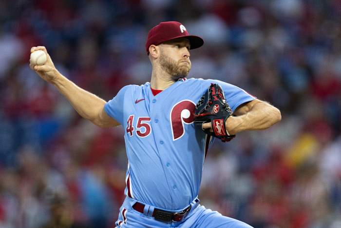 Sep 28, 2023; Philadelphia, Pennsylvania, USA; Philadelphia Phillies starting pitcher Zack Wheeler (45) throws a pitch against the Pittsburgh Pirates during the second inning at Citizens Bank Park.